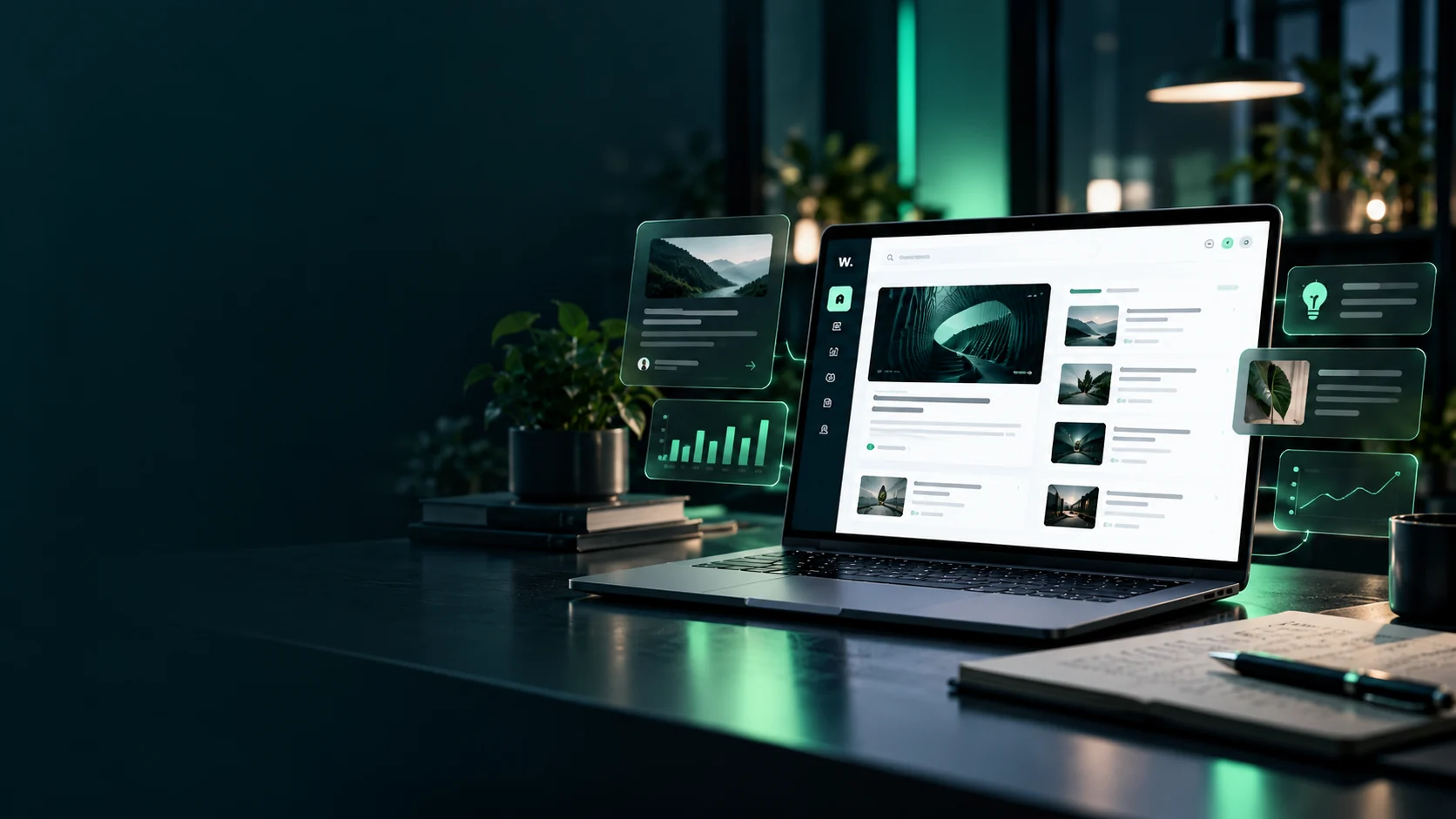 Conceptvisualisatie: laptop met een bedrijfsplatform en losse modules eromheen