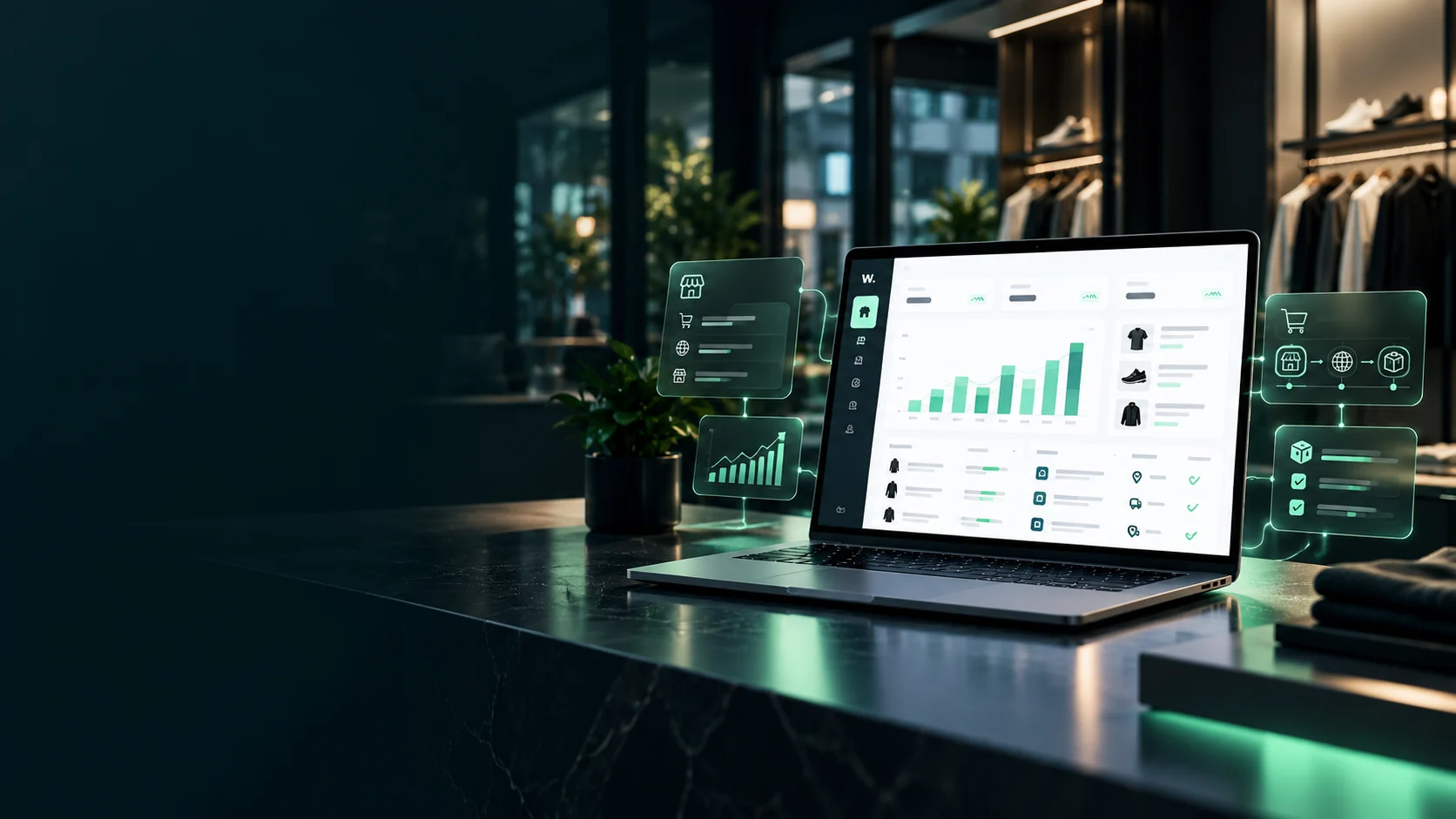 Conceptvisualisatie: retaildashboard op een laptop in een winkelomgeving